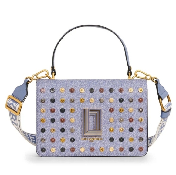 🔹️Karl Lagerfeld 🔹️Simone Flap Multi Rivet DENIM  Crossbody NWT - Picture 1 of 4